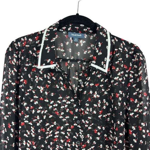 Modcloth Button Up Blouse Floral Red Poppy Black Sheer Top Size M - Picture 3 of 5